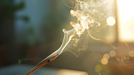 Aesthetic incense stick with smoke on a light sunny background. Spa meditation concept. Copy space. Generative AI - obrazy, fototapety, plakaty