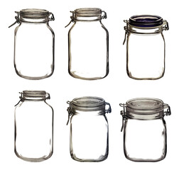 collection de photos détaillées de six pots en verre avec couvercles transparents détourés