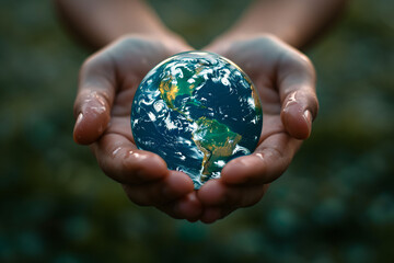 Close-up of hands holding a detailed globe sphere