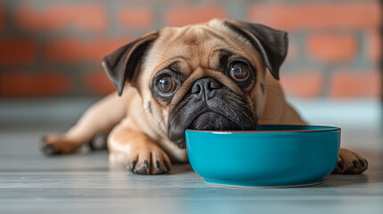 Portrait of a cute funny pug breed dog sitting on the dining room floor near a bowl of dry dog food.