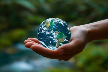 Hand holding a transparent globe with natural background
