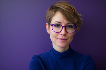 Fototapeta na wymiar Powerful female editor with average appearance, 30 years old, short dark blonde hair with purple glasses, wearing a blue dress shirt, sitting in front of dark purple wall