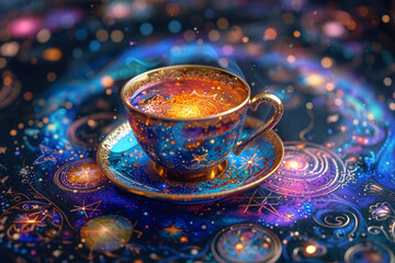 Cosmic coffee cup on starry background with luminous patterns