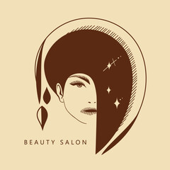 Face of young woman with dark hair, stars and floral elements. Graphics, hatching. Portrait in Art Deco, Art Nouveau, modern style. Logo of the beauty salon.