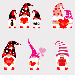 red and white valentine gnomes, valentine gnomes Vector, Valentine Gnomes Bundle Svg, Cute Gnomes With Hearts, Vector Illustrations