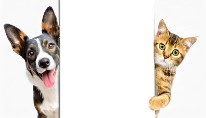 Mockup,advertisement.A cute cat and dog puppies peeking out from behind and holds a white blank banner. on white background, copy space.