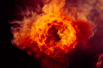 Ink water round explosion effect. Orange fire flames. Abstract art,dark background. ideal for wallpaper or overlay.
