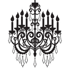 Chandelier silhouette isolated on White background. Rich Baroque Classic chandelier. Luxury decor accessory design. Baroque Elegant Wall lamp with ornaments. Vector illustration sketch