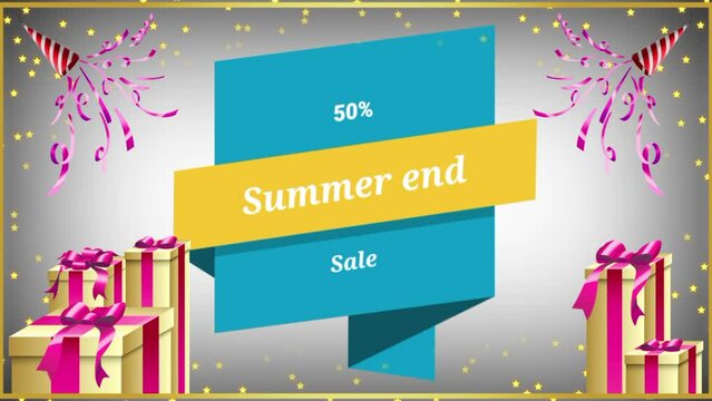 50% Off Summer end sale animation or graphic video with colorful background and gifts boxes 