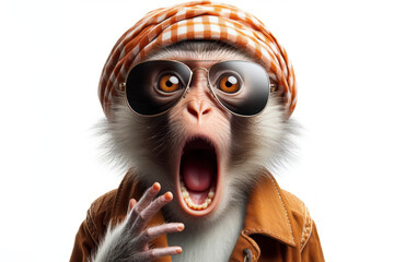 monkey with surprised face wear hoody and sunglasses on white background. ai generative - obrazy, fototapety, plakaty