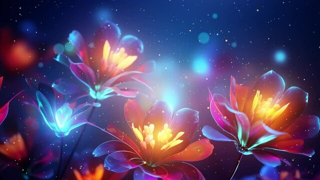 Glowing Flowers in the Night - Luminous Garden Elegance: Radiant Blossoms under Starlight