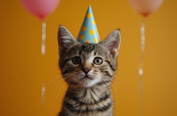 cute tabby cat wearing a party hat