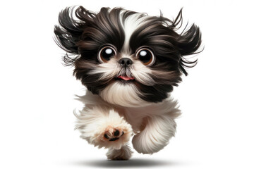 Shih Tzu dog with bulging big eyes run and jump isolated on solid white background. ai generative