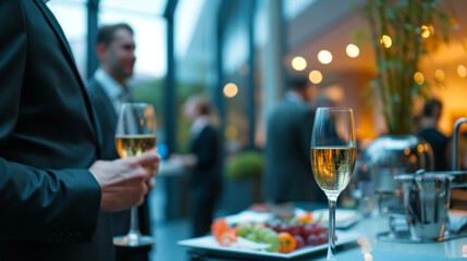 An elegant cocktail reception for conference attendees, facilitating informal discussions and networking, medical conference, dynamic and dramatic compositions, with copy space