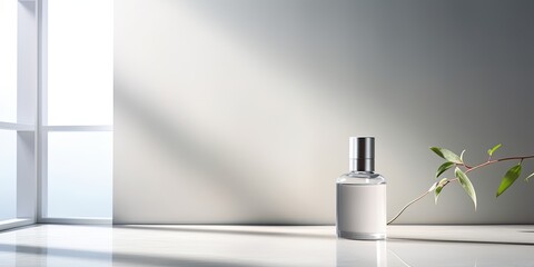 Cosmetic product presentation in an empty grey room with window shadows. Displayed with blurred backdrop.