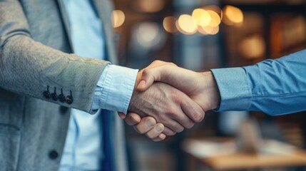 Two businessman are seen shaking hands in an a workspace or office. Successful dealing.