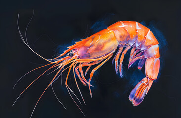 Shrimp in watercolor style isolated on black background