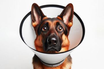 surprised German Shepherd with bulging big eyes a dog in a veterinary protective collar. ai generative