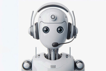 Obraz na płótnie Canvas white robot in headphones with a microphone call center worker isolated on solid white background. ai generative