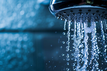 Close-up of the water flow from the shower head, water saving concept.