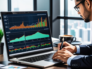 Cropped photo of businessman analyzing business diagram, marketing statistics and finance market graphs on laptop monitor in the office.