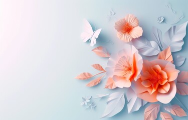 Fototapeta premium 3d flowers in pastel colors with leaves on blue background