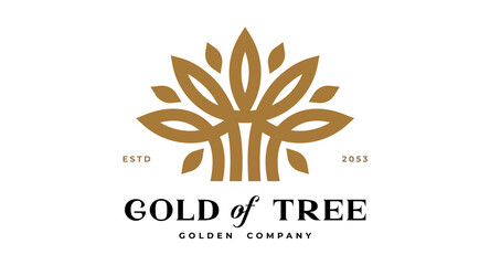 Tree Label, Sign, Logo Oak, Olive Eco Brand. Logo gold tree template company sign, organic eco heraldic icon. Graphic template emblem life symbol, silhouette tree logotype. Vector Illustration