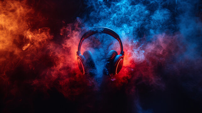 Stereo headphones amidst festive colored smoke, smoke with vibrant light effects and rhythms