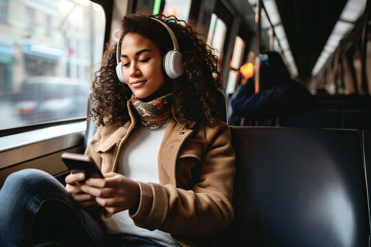 Young woman wearing headphones and enjoying music on her smartphone on a bus ride.