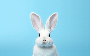 Obraz premium White Easter rabbit, soft and fluffy, standing tall on a serene pastel blue canvas