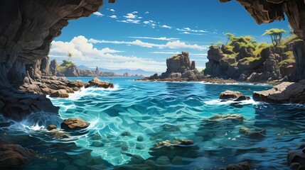 A panoramic view of a hidden cobalt blue ocean cove, accessible only through a narrow cave opening - obrazy, fototapety, plakaty