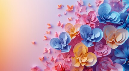 3d flowers in pastel colors with leaves on blue background