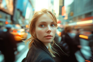 Blonde woman lost in city with blurred traffic at dusk