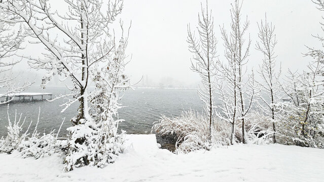 Neuschnee in der Gro&szlig;stadt am Flu&szlig;