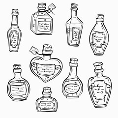 Set of magic cartoon bottles and love potions. Monochrome illustration. Magic elixir hand drawn collection