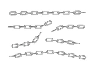 Free metal chain with whole or break steel chrome links. Collection of seamless metal chains colored silver. Vector