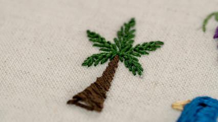 Tiny Oasis: Hand-Stitched Palm Tree on Fabric, Miniature Sewing Art