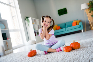 Full length portrait of adorable girl sitting carpet floor hands touch cheeks pumpkins spacious...