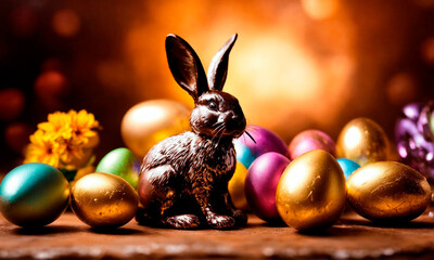 Easter chocolate bunny and eggs. Selective focus.