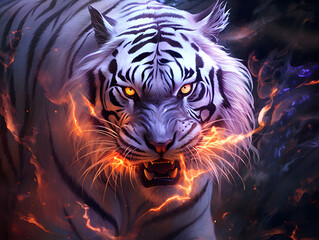 A white tiger with a fiery glow on its face
