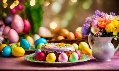 Easter bunny Easter cake and eggs. Selective focus.