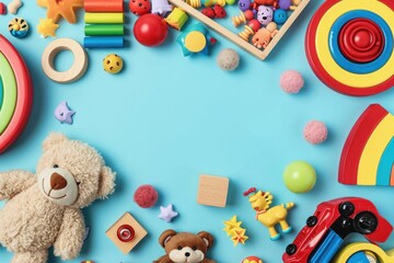 Baby kids toy frame background. Teddy bear, colorful wooden educational, sensory, sorting and stacking toys for children on light blue background. Top, Generative AI 