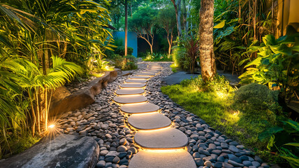 Garden stone walkway with lighted candles in the evening. - obrazy, fototapety, plakaty