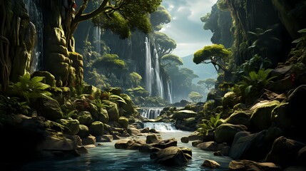 A cascading waterfall surrounded by lush greenery in a hidden forest - obrazy, fototapety, plakaty