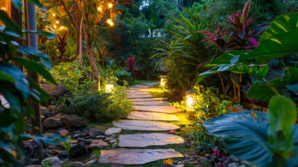 Garden stone walkway with lighted candles in the evening. Traveling in Thailand,