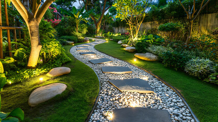 Garden stone walkway with lighted candles in the evening.