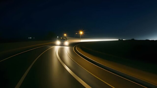 Car is moving along the road at night, with the headlights on. Video generative AI