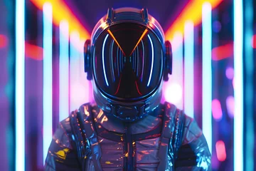 Poster Portrait of Spaceman in glowing helmet, luminous color palette © Oksana