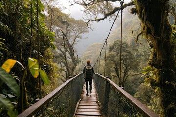 A tourist crosses a pedestrian bridge in the forest