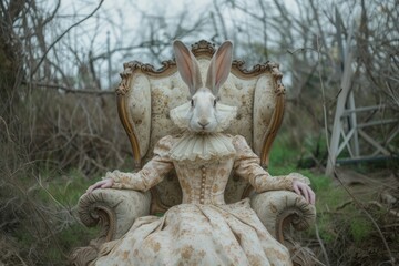 Fototapeta na wymiar a grey rabbit sitting in an abandoned yard in an old stylish armchair, wearing a long grey dress. Surreal easter concept. Generative AI
